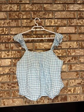 Ann Taylor Light Blue, Green and White Gingham Ruffle Strap Linen Blend Tank